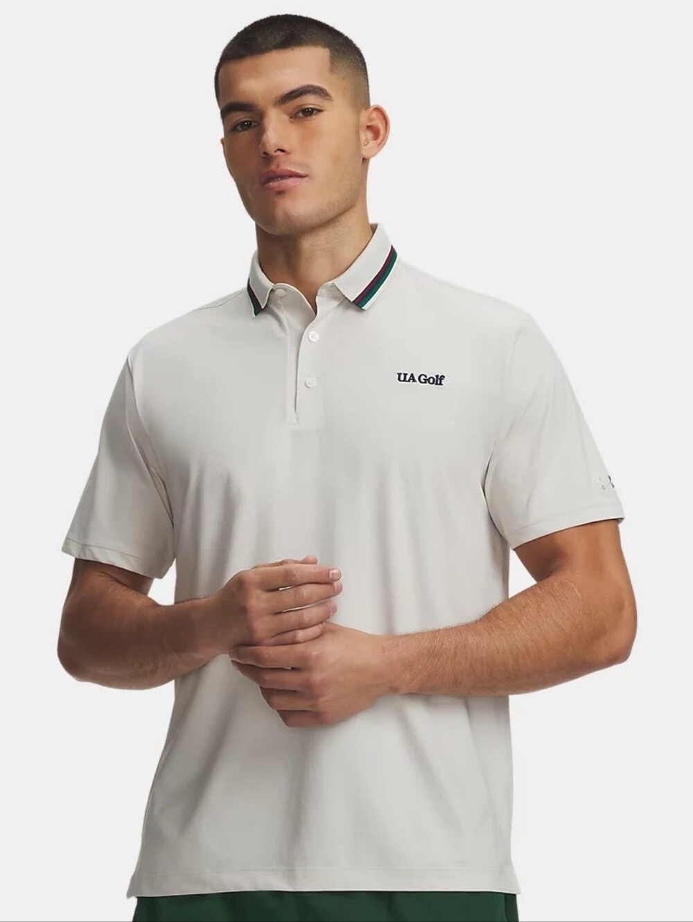NWT Men's UA ArmourDry Amp Striped Collar Helix Golf Polo Summit White | Size LG